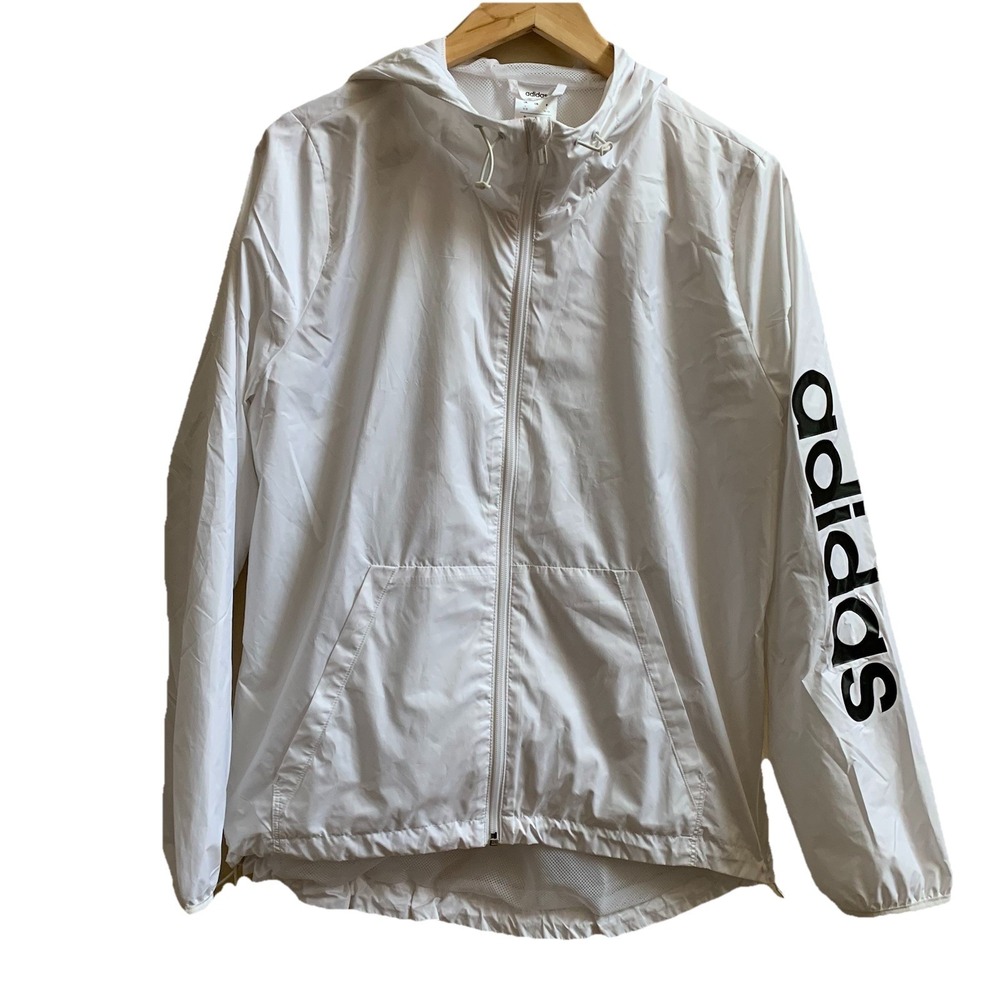Adidas Women's Windbreaker Jacket White Lightweight Mesh Lined Hooded Sz-L